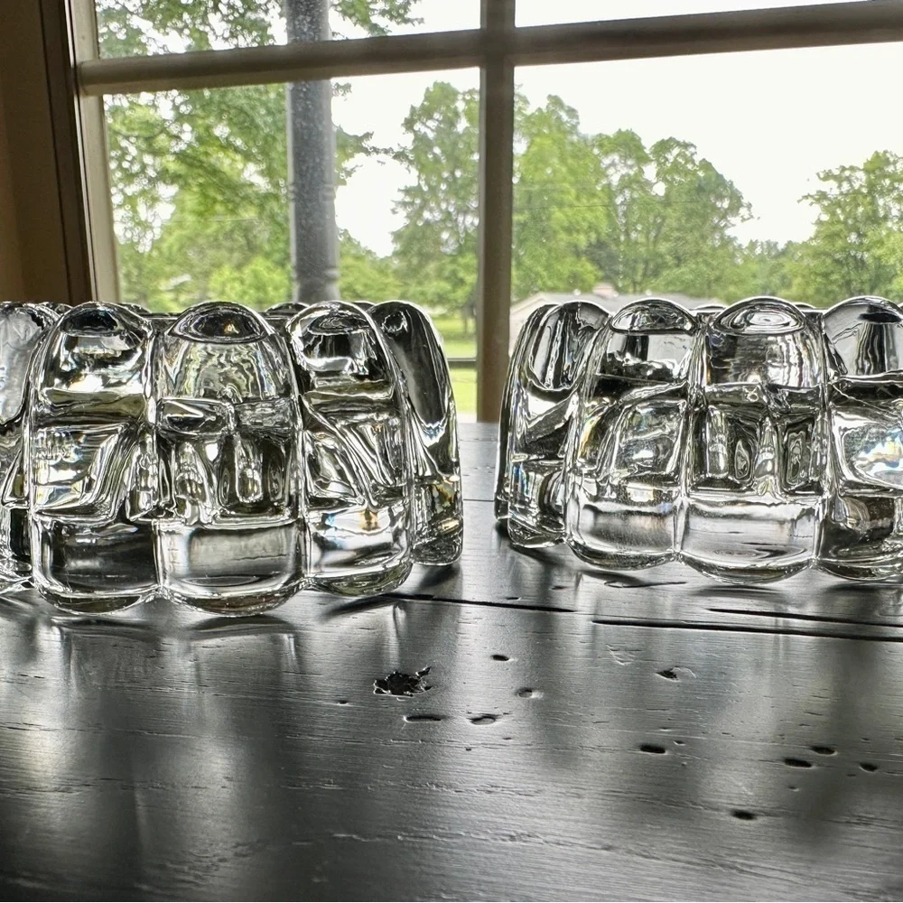 SET/2, CLEAR, LEAD CRYSTAL CANDLE HOLDERS. HEAVY, ROUND, SCALLOPED HOLDERS